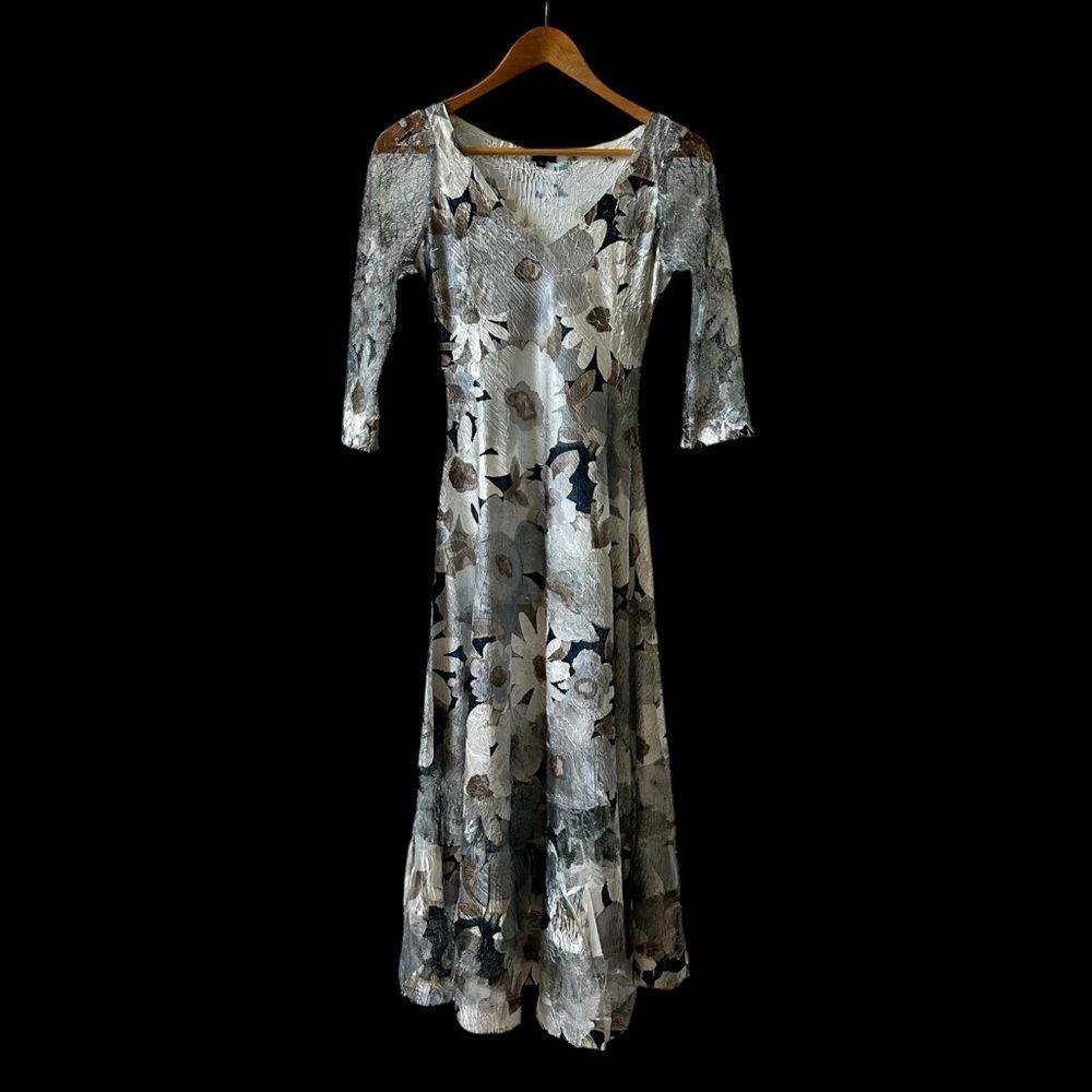 Komarov Silver Metallic Floral Midi Dress with Black, Gray and Beige Accents